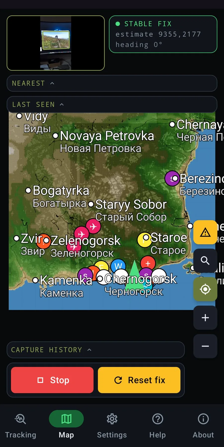 ZLocator DayZ map locator on a phone: the Chernarus map with the player position, heading and nearby map markers