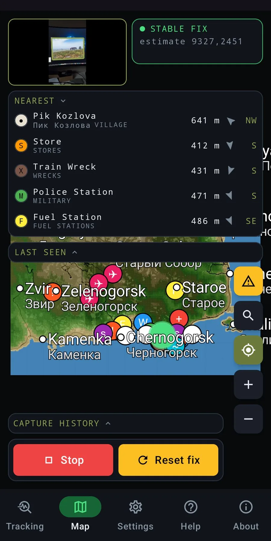 ZLocator on a phone with the Nearest places panel open: the closest village with its sign name, wreck, store, military site and fuel station, each with distance and direction